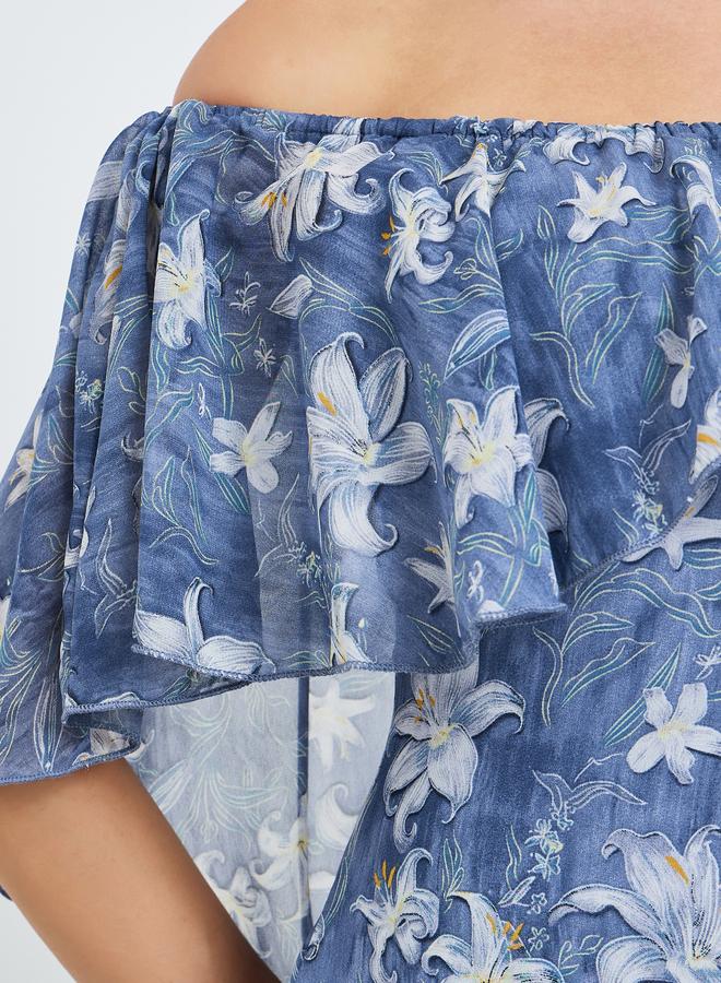 Styli Women Blue Floral Cape Sleeve Sheath Maxi Dress - Image 3